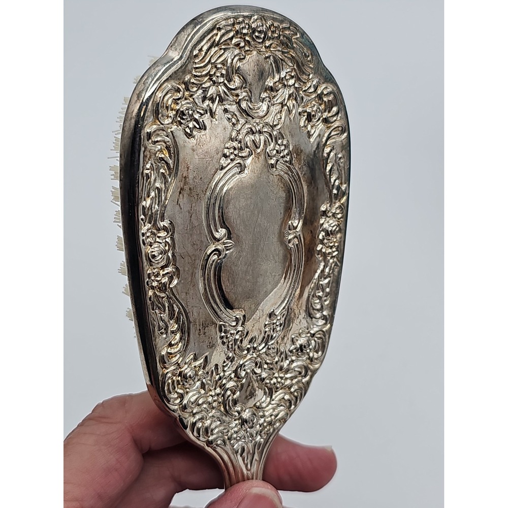 Vintage Godinger Ornate Silver Tone Vanity Hair Brush Floral Scroll - Picture 5 of 9
